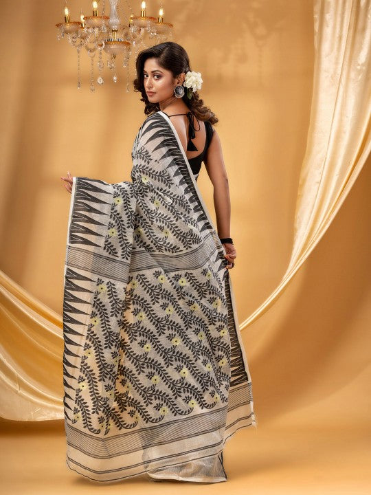 DESH BIDESH Classic Pure Cotton Jamdani Saree with Intricate Woven Design