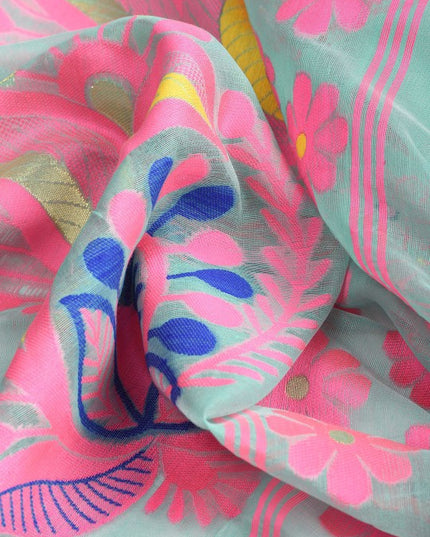 DESH BIDESH Turquoise Blue Pink Pure Cotton Jamdani Saree with Ethnic Motifs