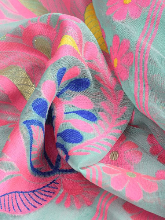 DESH BIDESH Turquoise Blue Pink Pure Cotton Jamdani Saree with Ethnic Motifs