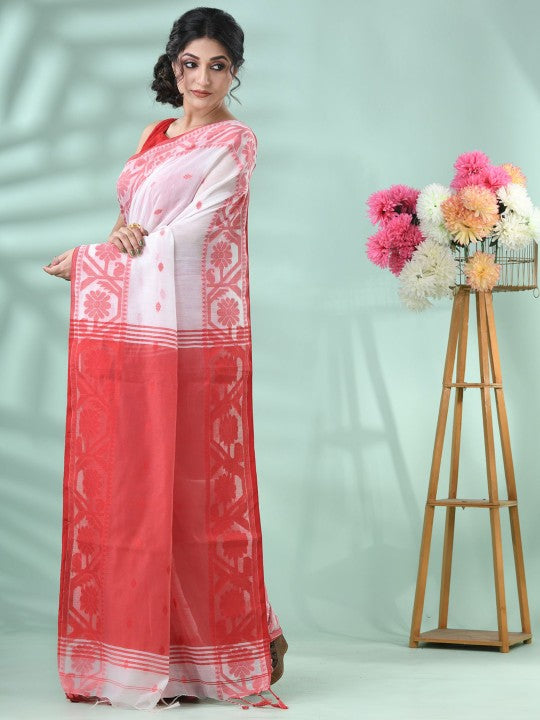 Exquisite White & Red Handloom Saree: Floral Woven Design, Cotton Blend for Women