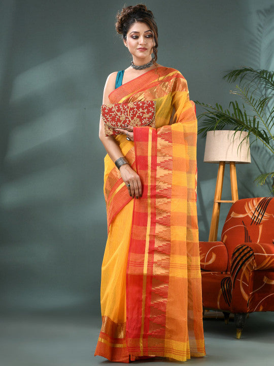 DESH BIDESH Striped Zari Pure Cotton Taant Saree