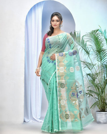 Exquisite Sea Green Pure Cotton Jamdani Saree with Elegant Woven Zari Design