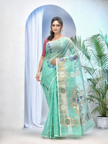 Exquisite Sea Green Pure Cotton Jamdani Saree with Elegant Woven Zari Design