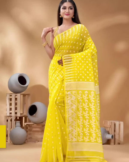 Exquisite Yellow & White Woven Pure Cotton Handloom Jamdani Saree with Border