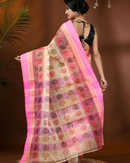 DESH BIDESH Floral Printed Pure Cotton Block Print Saree with Woven Design Border