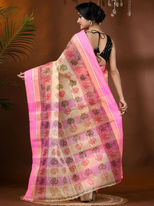 DESH BIDESH Floral Printed Pure Cotton Block Print Saree with Woven Design Border