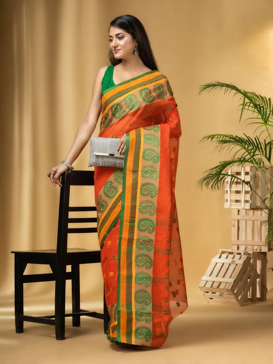 DESH BIDESH Paisley Woven Design Cotton Taant Saree