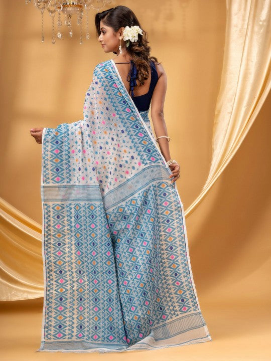 Exquisite Blue & White Woven Jamdani Pure Cotton Saree with Matching Blouse Piece