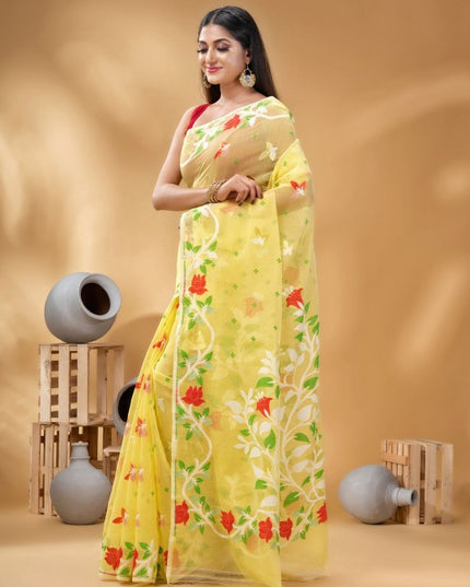 Exquisite Floral Woven Pure Cotton Jamdani Saree with Elegant Design Border