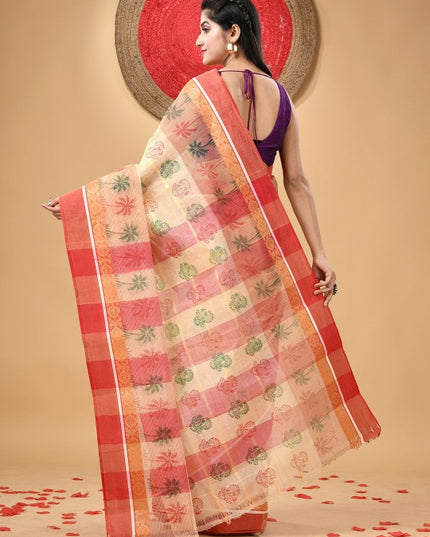 Exquisite Floral Printed Pure Cotton Block Print Saree with Woven Design Border