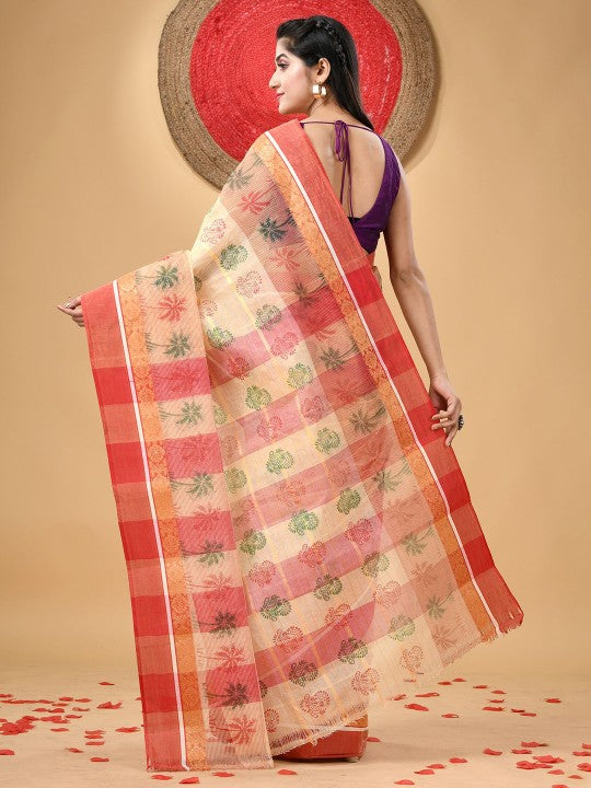 Exquisite Floral Printed Pure Cotton Block Print Saree with Woven Design Border