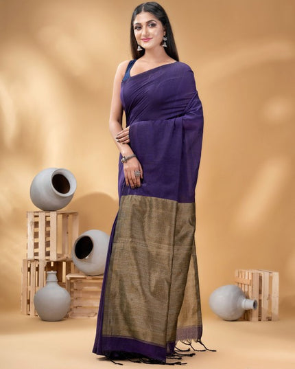 DESH BIDESH Women's Solid Pure Cotton Saree with Unstitched Blouse Piece