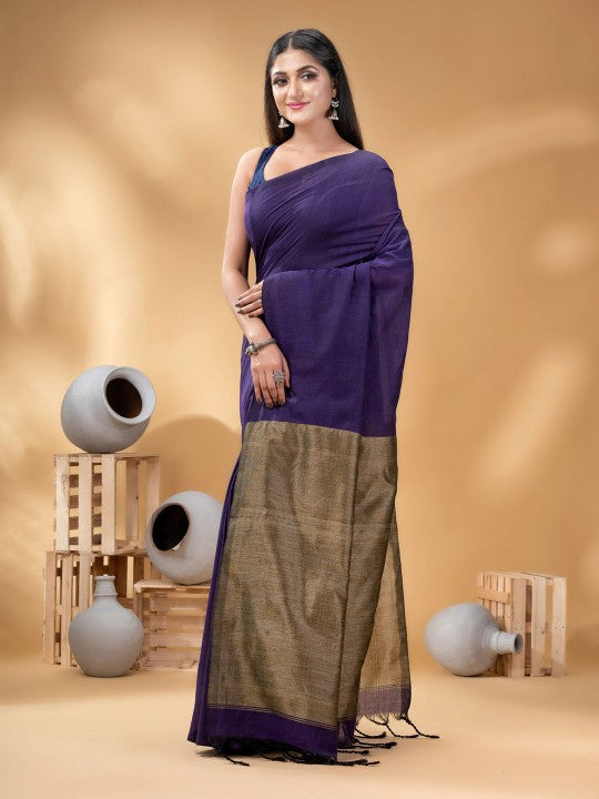 DESH BIDESH Women's Solid Pure Cotton Saree with Unstitched Blouse Piece