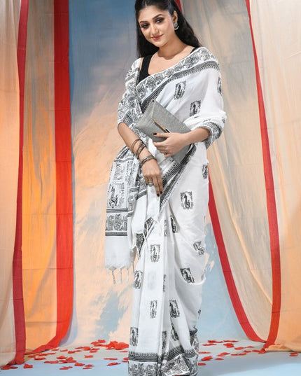 Exquisite Women's White Pure Cotton Saree with Ethnic Motifs