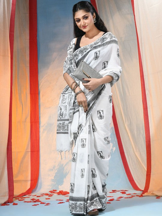 Exquisite Women's White Pure Cotton Saree with Ethnic Motifs