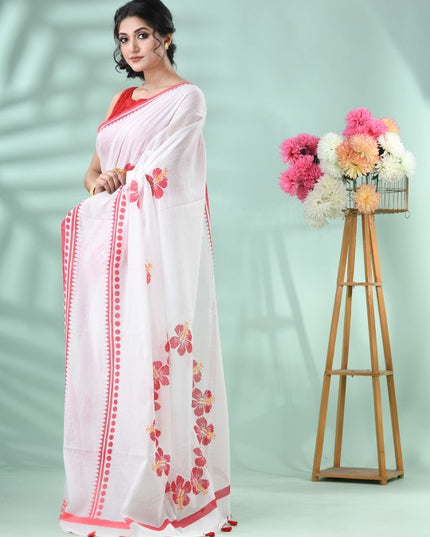 Exquisite Floral Printed Handloom Saree: Red & White, Cotton Blend, Traditional Indian Wear