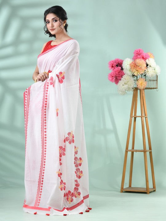 Exquisite Floral Printed Handloom Saree: Red & White, Cotton Blend, Traditional Indian Wear