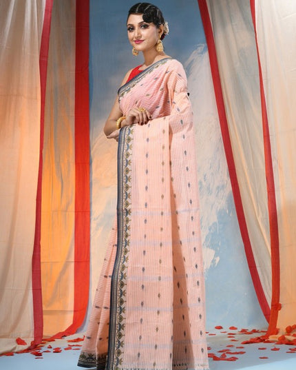 Exquisite Peach Pure Cotton Saree with Woven Border, Lightweight and Elegant