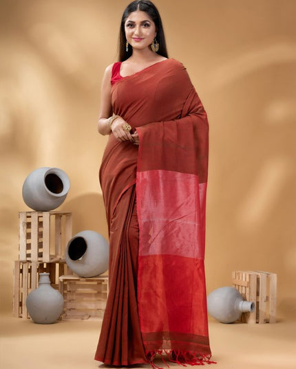 DESH BIDESH Maroon Woven Design Ready-to-Wear Taant Saree for Women