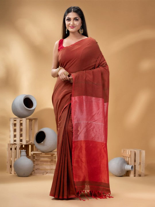 DESH BIDESH Elegant Maroon Woven Design Taant Saree for Women with Solid Border