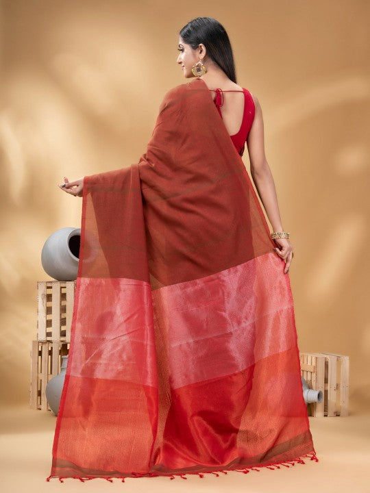 DESH BIDESH Maroon Woven Design Ready-to-Wear Taant Saree for Women