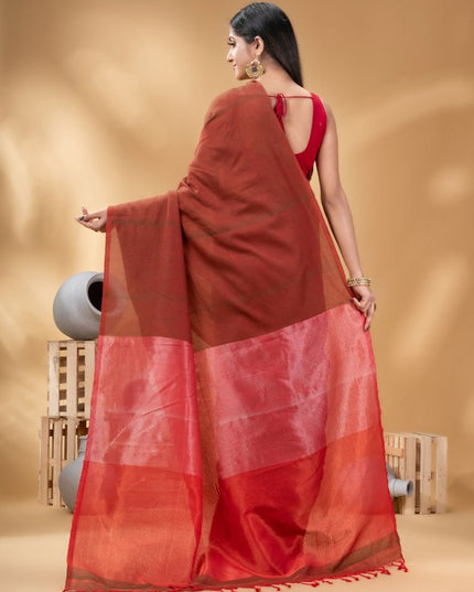 DESH BIDESH Elegant Maroon Woven Design Taant Saree for Women with Solid Border