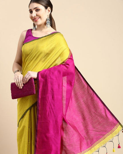Exquisite Colourblocked Silk Cotton Saree in Olive Green and Pink