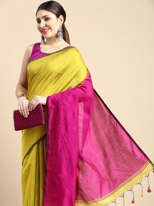 Exquisite Colourblocked Silk Cotton Saree in Olive Green and Pink