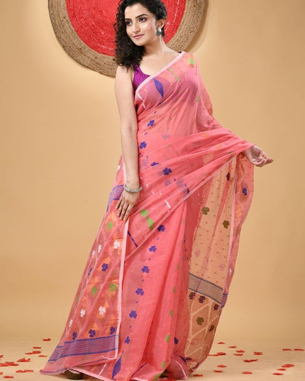 Exquisite Pink & Purple Floral Woven Design Jamdani Saree with Blouse Piece