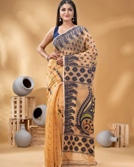 Exquisite Pure Cotton Handloom Jamdani Saree with Woven Design Border for Women