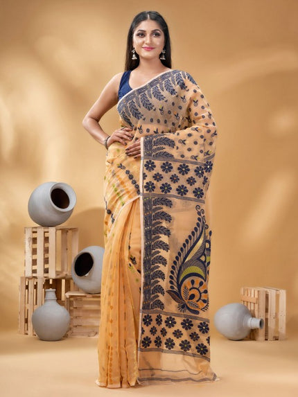 Exquisite Pure Cotton Handloom Jamdani Saree with Woven Design Border for Women