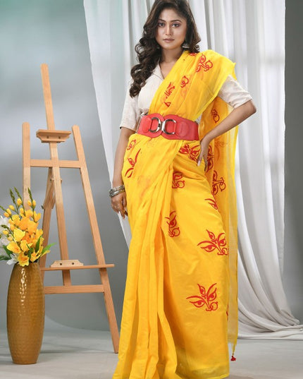 DESH BIDESH Yellow and Red Embroidered Saree with Blouse Piece for Women