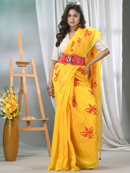 DESH BIDESH Yellow and Red Embroidered Saree with Blouse Piece for Women