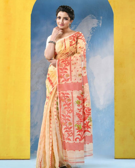 Exquisite Cream and Red Jamdani Saree with Ethnic Motifs and No Border