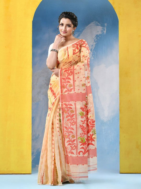 Exquisite Cream and Red Jamdani Saree with Ethnic Motifs and No Border