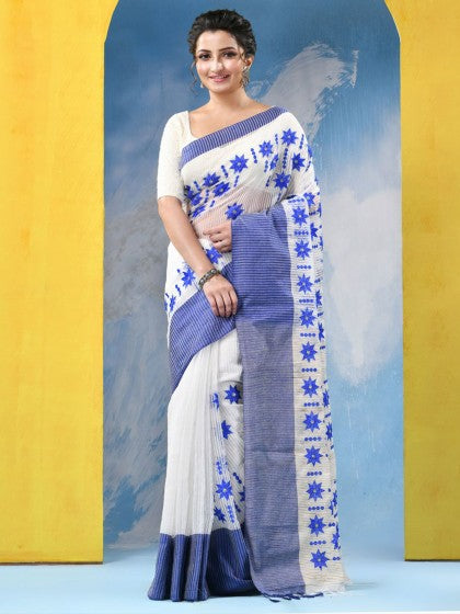 Exquisite Striped Silk Cotton Saree in Royal Blue and Lush Green