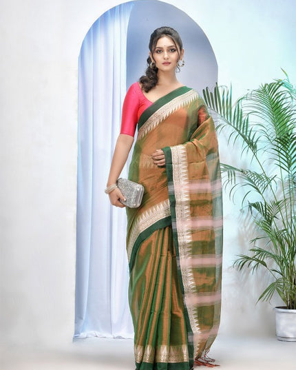 Exquisite Green and Pink Embroidered Tissue Saree with Blouse Piece