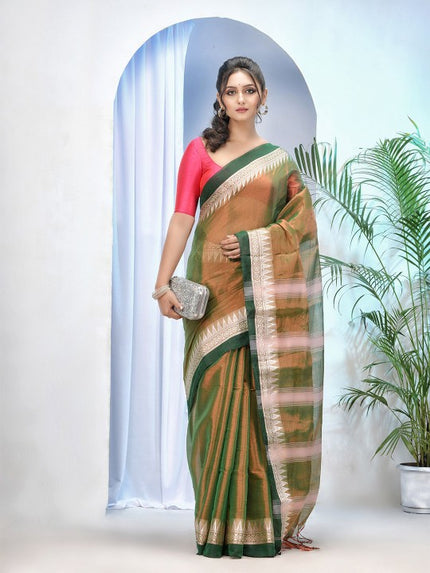 Exquisite Green and Pink Embroidered Tissue Saree with Blouse Piece