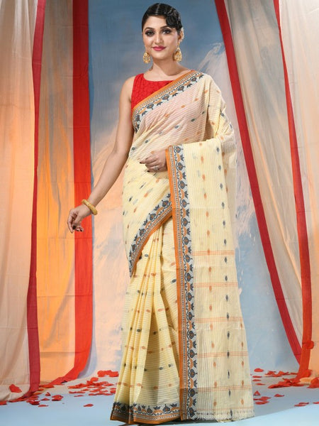 Beige Ethnic Motifs Pure Cotton Saree for Women with Woven Design