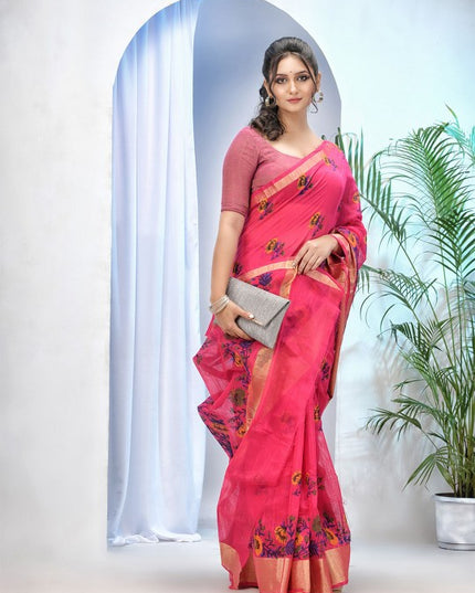 Exquisite Pink Floral Printed Zari Saree with Unstitched Blouse Piece