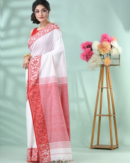 DESH BIDESH Women's White & Red Floral Handloom Saree with Printed Border