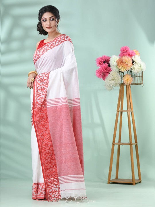 DESH BIDESH Women's White & Red Floral Handloom Saree with Printed Border