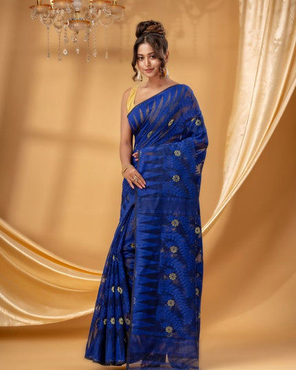 DESH BIDESH Women's Royal Blue Floral Jamdani Pure Cotton Saree with Woven Design
