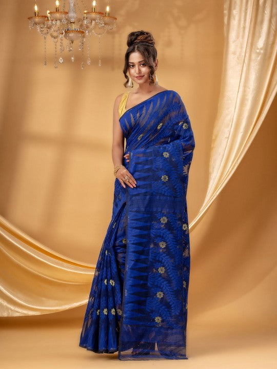 DESH BIDESH Women's Royal Blue Floral Jamdani Pure Cotton Saree with Woven Design