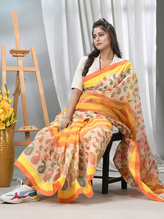 DESH BIDESH Paisley Printed Pure Cotton Taant Saree