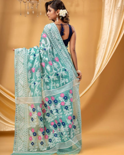 DESH BIDESH Women's Floral Pure Cotton Jamdani Saree: Ready-to-Wear Elegance