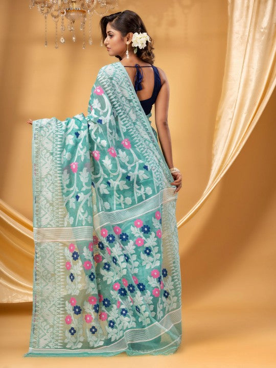 DESH BIDESH Women's Floral Pure Cotton Jamdani Saree: Ready-to-Wear Elegance