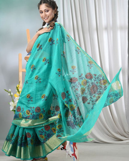 DESH BIDESH Floral Printed Saree with Zari Border and Unstitched Blouse Piece