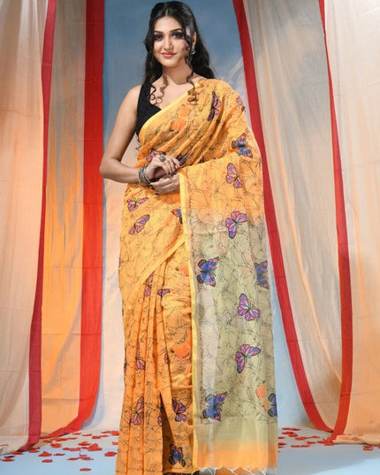 Exquisite Yellow and Blue Handloom Saree with Butterfly Print and Cotton Blend Fabric