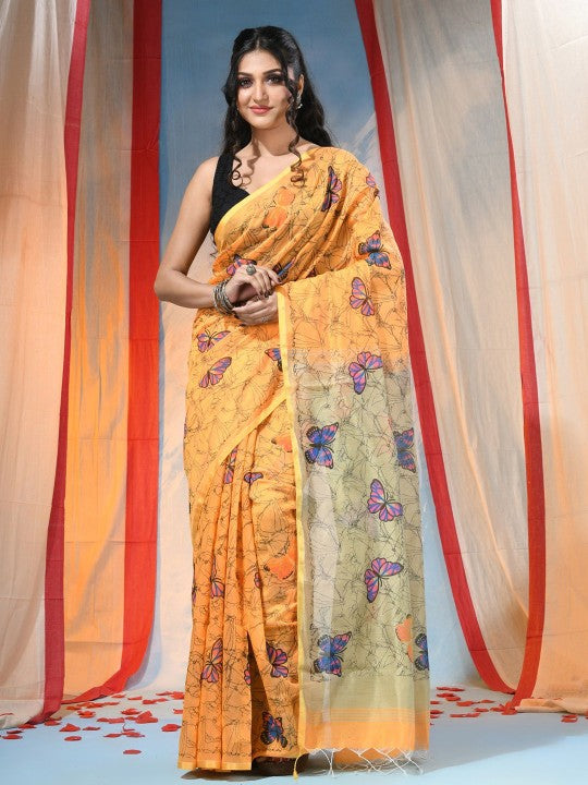 Exquisite Yellow and Blue Handloom Saree with Butterfly Print and Cotton Blend Fabric
